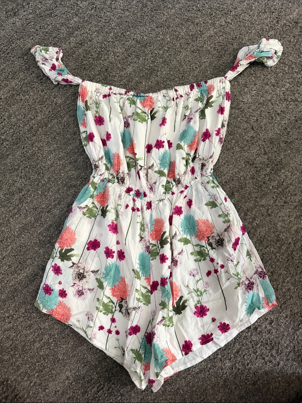 Kittenish White Floral One-Piece Romper with Pink, Coral & Teal Flowers